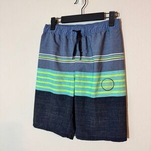 Hurley Boys Board Shorts Blue Teal Neon Yellow Striped‎ Swim Trunks Size 14/16 L